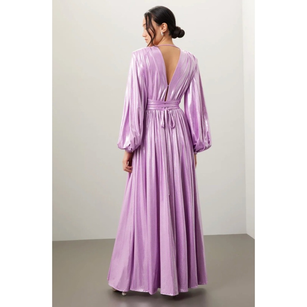 Bronx & Banco Zoe Lame Gown Maxi Dress Purple Lilac Plunge Slits Sz 4 US / Small - Picture 5 of 16